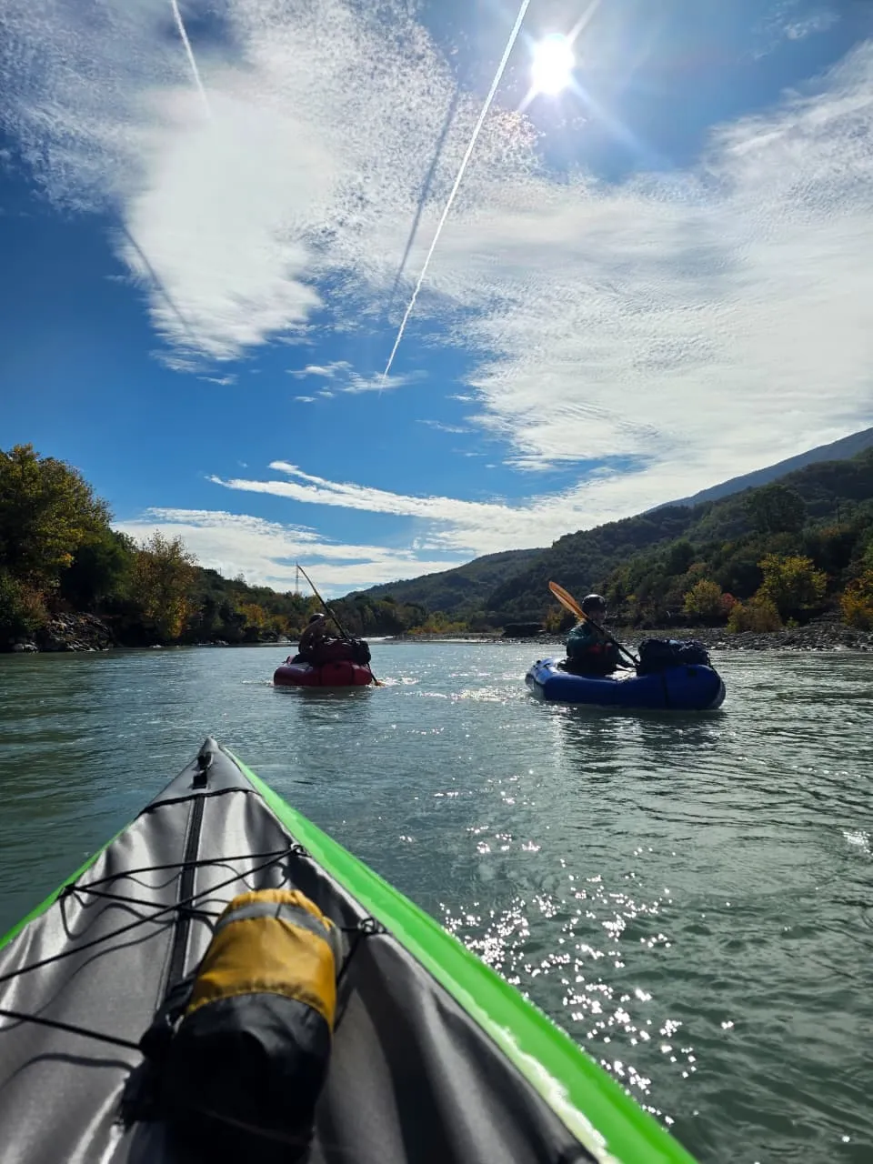 Packrafts on the wide, braided channel of the Vjosa River